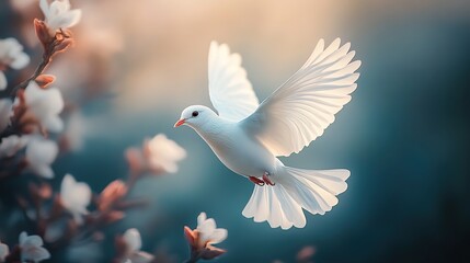 Obraz premium Graceful Dove in Flight with Blossoms