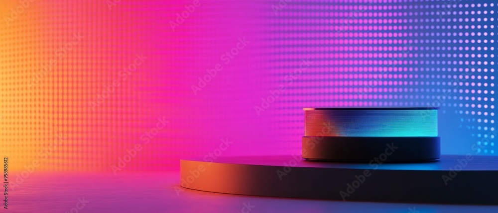 Poster a small device is sitting on a round pedestal in front of a colorful background
