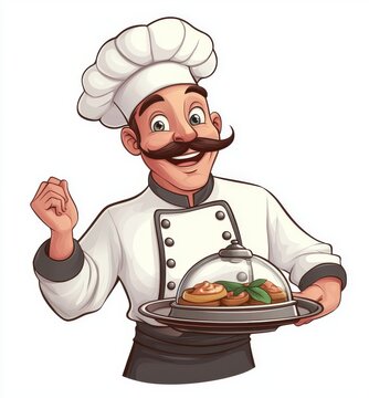 recommend clip art: An illustration of a cute chef holding a dish and a kitchen cloth