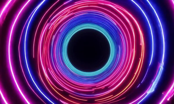 Abstract black background with pink and blue neon glowing lines that extend into the distance, form a circle or black hole. 3d render motion speed of light and hypertunnel 4K Video
