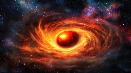 Obraz premium A vibrant cosmic swirl depicting a black hole surrounded by colorful galactic elements.