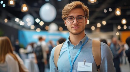 A confident young man at a professional event, wearing glasses and a name tag, surrounded by a dynamic crowd in a modern venue.
