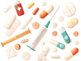 A collection of various medications and medical tools, including pills, capsules, syringes, and bandages.  The image is white background with a cartoon style.