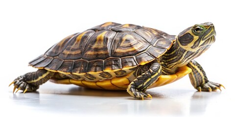 Obraz premium Close-up of a Turtle with a Black and Yellow Shell on a White Background, Isolated , Reptile, Pet, Shell