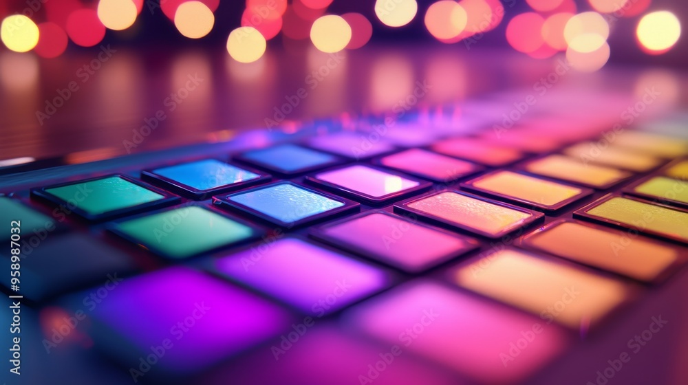 Poster a colorful array of squares on a musical pad with blurred lights in the background.