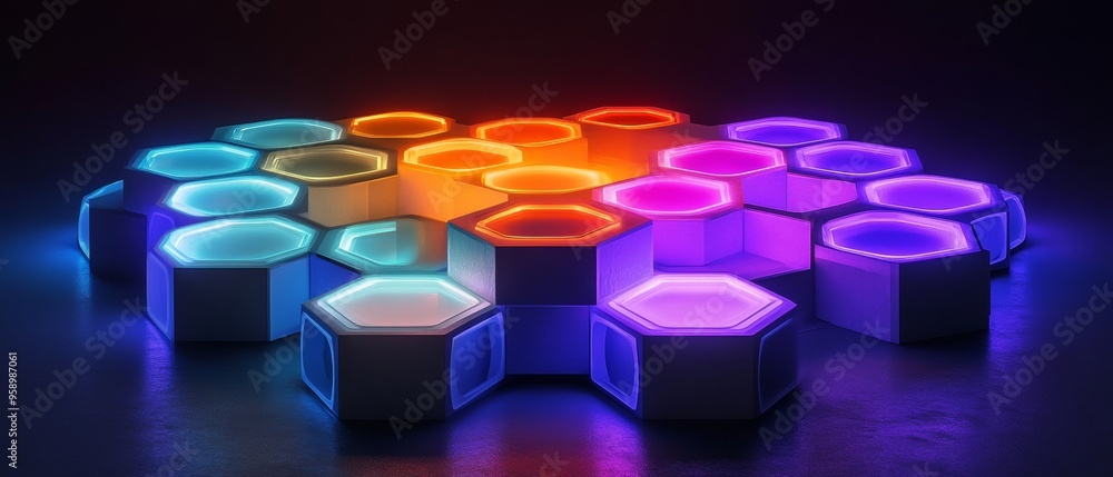 Poster a colorful hexagonal pattern of lights is lit up