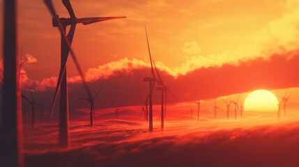 Obraz premium A breathtaking sunset over a field of wind turbines, casting silhouettes against the vibrant, colorful sky. A symbol of renewable energy.
