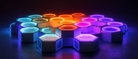 A colorful hexagonal pattern of lights is lit up