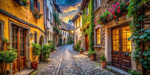 Fototapeta premium Cobblestone Alleyway with Sunset Glow and a Warmly Lit Door, European Village, Sunset, Cobblestone, Alleyway