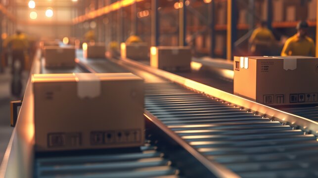 A busy warehouse scene showcasing packages moving along a conveyor belt, highlighting logistics and efficient distribution.