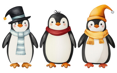Fototapeta premium Three adorable cartoon penguins dressed in winter attire, complete with hats and scarves, perfect for festive designs.