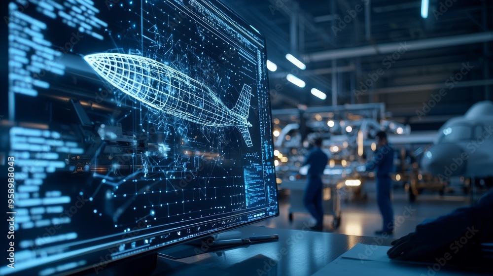 Poster a computer monitor displaying a blueprint of an aircraft in an industrial setting. workers are visib