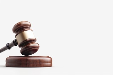 A close-up of a wooden gavel resting on its block, symbolizing justice, law, and order in a courtroom setting.