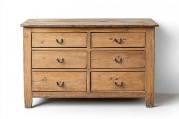 A rustic wooden dresser with six drawers, showcasing natural grain and a timeless design for stylish home decor.
