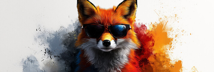 Fototapeta premium A cool fox in sunglasses with a colorful abstract background.
