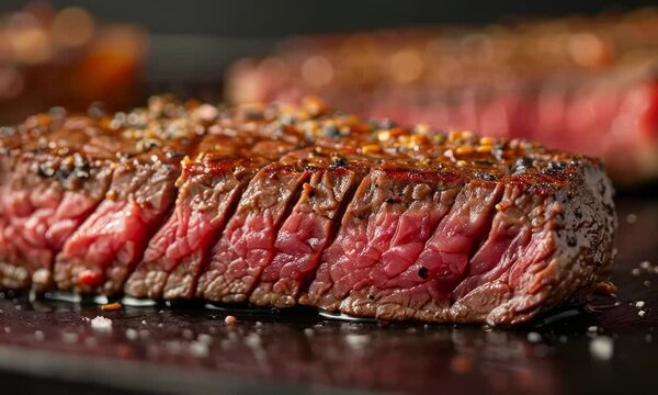 A close-up shot of a perfectly cooked steak, its juicy marbling and flavorful crust tempting the senses. Video