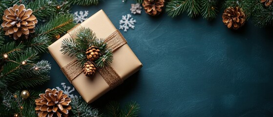 Top view of a gift box on a refined winter snowflake background, with space for text in a Christmas setting .