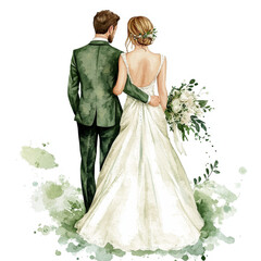 Forever Starts Now: Watercolor newlyweds, arm in arm, embark on their journey as husband and wife, with his emerald suit and her flowing gown evoking timeless elegance. 