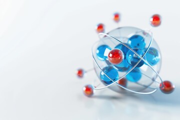 A detailed 3D rendering of an atom with colorful protons and neutrons in a transparent shell, symbolizing scientific exploration.