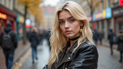 Fototapeta premium Cute young girl standing on the street, in autumn on a blurred background