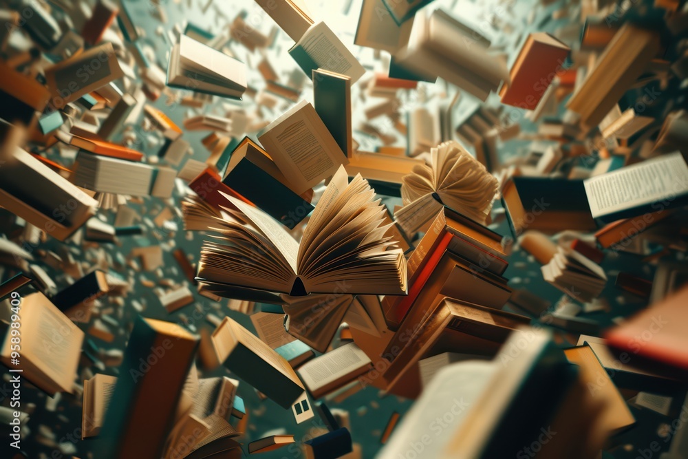 Poster a dynamic scene of floating books, symbolizing knowledge and imagination in a captivating and artist