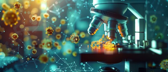 A close-up of a microscope revealing intricate details of microorganisms and scientific discovery in a vibrant lab setting.