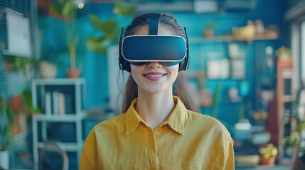 A young woman enjoys a virtual reality experience in a cozy, modern space with indoor plants, showcasing technology and joy.