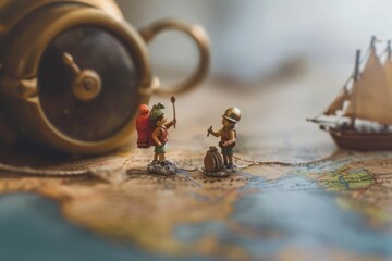 Fototapeta premium thumb dolls embarking on an adventure using spare objects as props. The composition captures the charm of these tiny characters navigating a larger world, adding a sense of whimsical storytelling