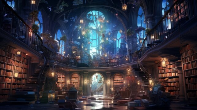 A mystical library in an otherworldly dimension, with towering bookshelves filled with ancient tomes and glowing manuscripts. Anime characters, dressed as explorers, diligently study the arcane 