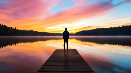 Fototapeta premium Person standing on a bridge, looking out at a new city, symbolizing a fresh start