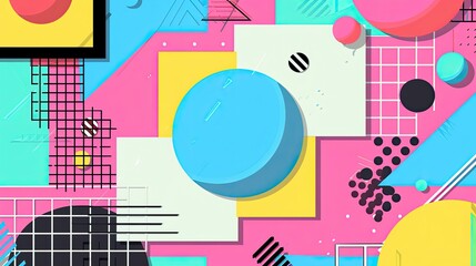 Obraz premium 90s retro aesthetic with vibrant colors, geometric shapes, minimalist, copy space, illustration style