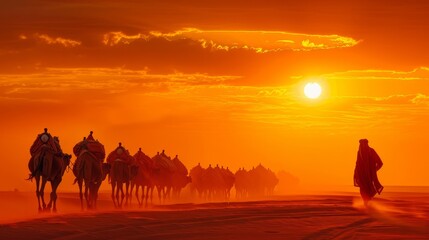 A nomad in traditional attire leading a caravan of camels through a mesmerizing desert sunset, emphasizing the allure of exploration