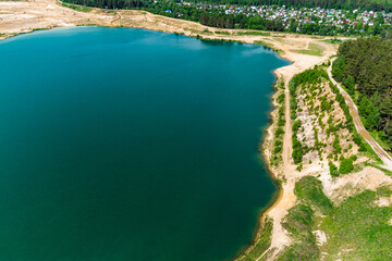 Aerial view of a large flooded sand quarry. Bolotsky quarry, Kaluga region, Russia