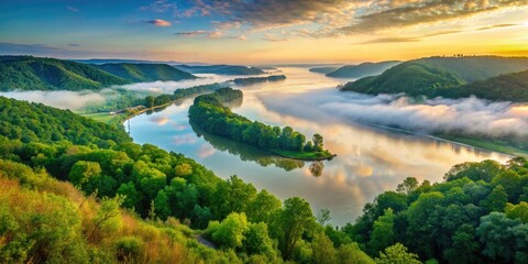 Serene Ohio River landscape featuring lush greenery and misty morning atmosphere, forming the border of Illinois, Indiana, Kentucky, Ohio, Pennsylvania, and West Virginia states.