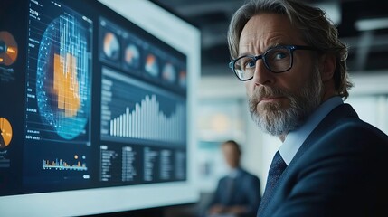 Fototapeta premium Businessman analyzing data on a large display, showcasing graphs and charts in a modern office environment.