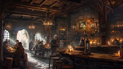 Obraz premium weary but determined adventurer taking a moment to rest in a medieval tavern. The atmosphere is filled with camaraderie, and the background hints at various quests and treasures.