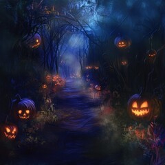 Enchanted Forest Trail at Night with Glowing Pumpkins and Ghostly Figures Amidst the Fog