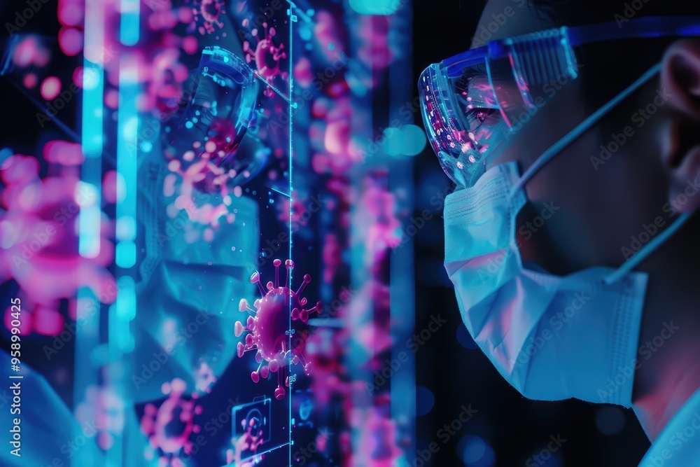 Poster a focused scientist analyzing data on a holographic screen, featuring vibrant colors and virus patte