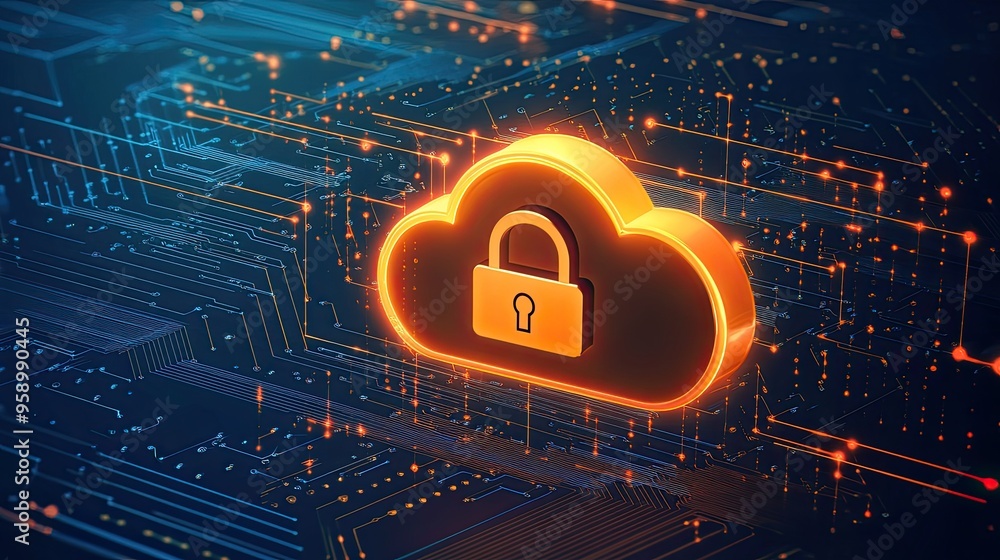 Poster a digital cloud icon with a padlock, symbolizing secure cloud storage and data protection.