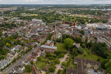 Aerial drone view over the town of Bishops Stortford in England