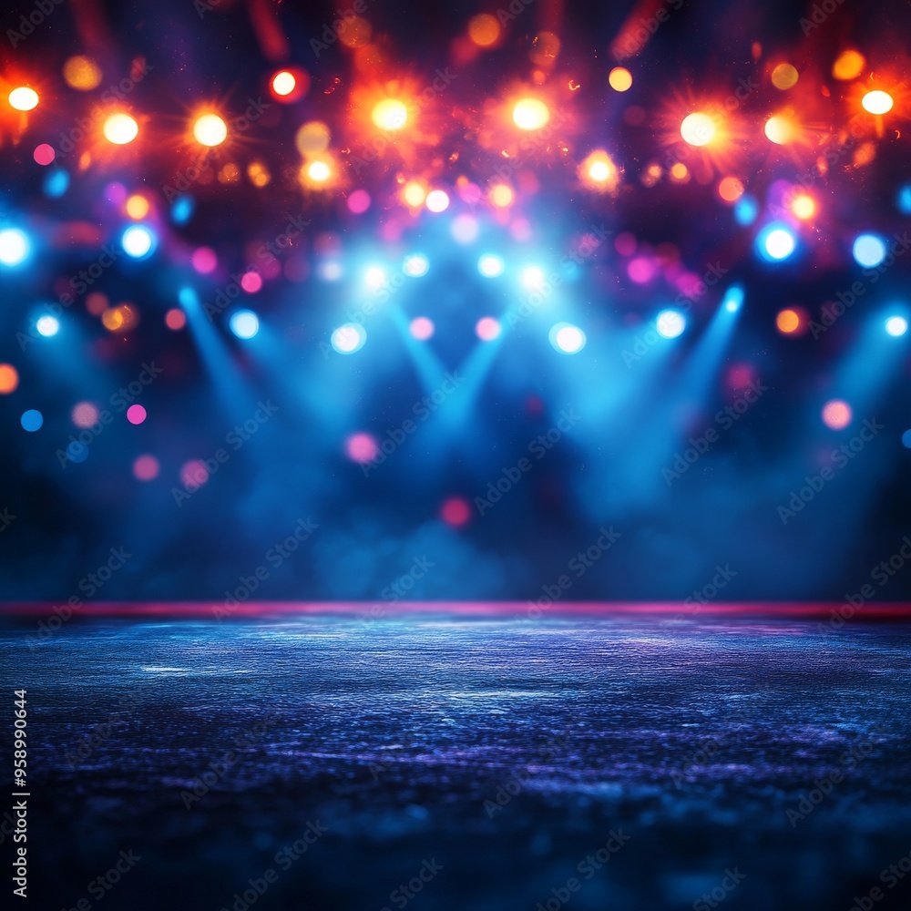 Aufkleber a dark stage illuminated by colorful spotlights with a blurred background of bokeh lights.