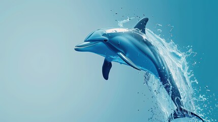Fototapeta premium A graceful dolphin leaps out of the water, showcasing its sleek body against a serene blue backdrop.
