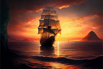 painting of sailboat in the ocean at sunset
