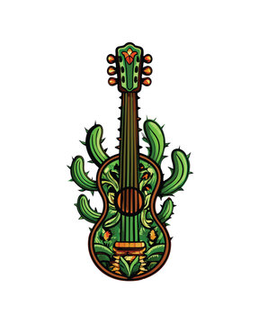 recommend clip art: A guitar shaped cactus with strings made of thorns.
