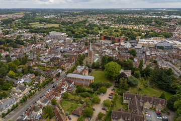 Aerial drone view over the town of Bishops Stortford in England