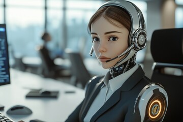 AI Call Center Robot, AI chatbot, futuristic call center, robotic assistant, artificial intelligence, customer service robot, virtual assistant, AI customer service