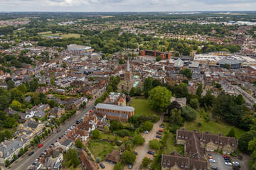 Aerial drone view over the town of Bishops Stortford in England