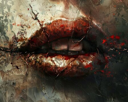 A pair of lips, torn and bloody, sewn shut with coarse, rusted stitches. The surrounding skin is pallid and bruised, marred by signs of struggle and violence