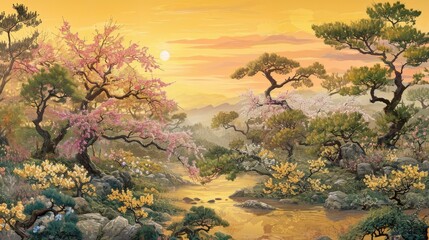 A panoramic landscape featuring a lush garden filled with blooming Cut-leaf crabapple trees in various stages of growth. The air is filled with a warm, golden glow as the setting sun bathes the scene.