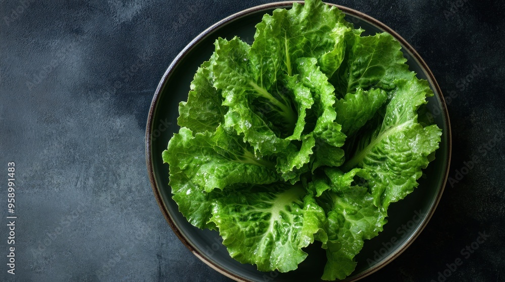 Wall mural fresh green lettuce on a dark plate